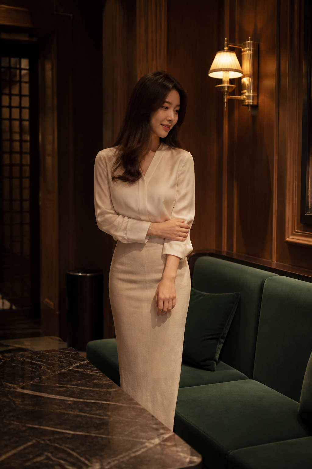 은은한 벽 조명과 에메랄드 소파가 있는 제주도 유흥 미술관의 대화 중심 공간
