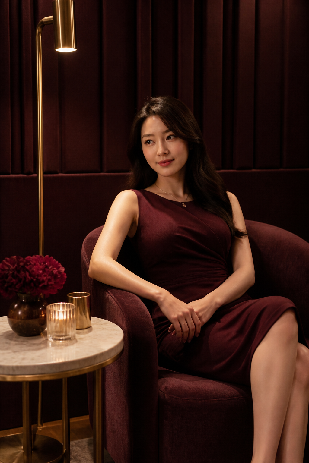 와인 톤 벽면과 브라스 조명이 어우러진 제주도 유흥 미술관 룸 라운지