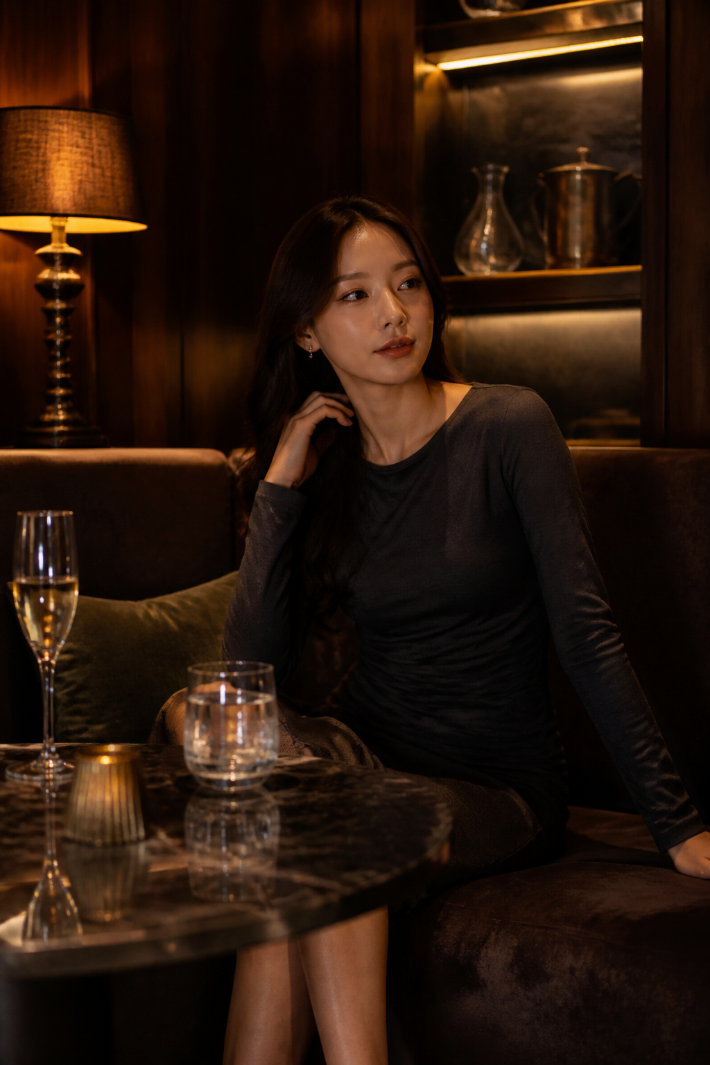 다크 월넛 벽과 앰버 조명이 있는 제주도 유흥 미술관의 프라이빗 테이블